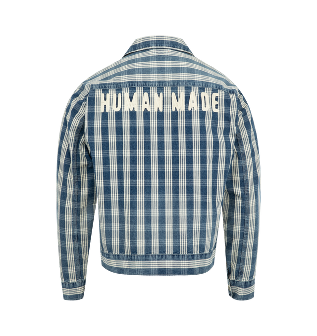 Image 2 of 2 - BLUE - HUMAN MADE Checked Work Jacket featuring classic collar, front button closure, 3 pocket styling, decorative rivets, all-over check pattern and chain stitched logo. 100% cotton.