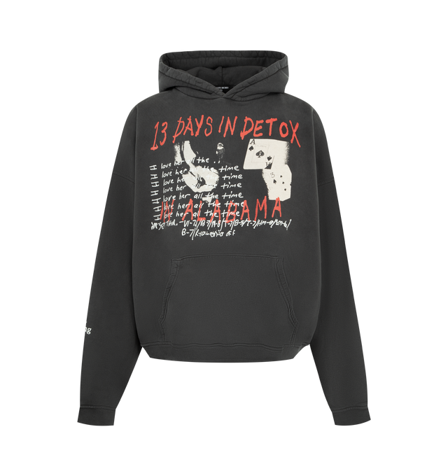 Image 1 of 2 - BLACK - ENFANTS RICHES DEPRIMES 13 Days in Detox Hoodie featuring a long-sleeve pullover hooded sweatshirt, heavy weight brushed french terry, boxy, drop-shoulder fit, double layer hood, rib knit cuffs and waistband, printed artwork at front, back, and sleeve and signature vintage wash process. 100% cotton. Made in the USA.
