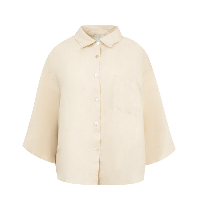 Image 2 of 6 - NEUTRAL - DEIJI STUDIOS 03 Set featuring an oversized box fit linen shirt with wide arms and a front pocket designed to sit mid rise. Loose fitting boxer style shorts have a faux button down fly and an elastic waist for extra comfort. 100% GOTS certified organic, OEKO-TEX 100 certified and EU certified stone washed french linen.