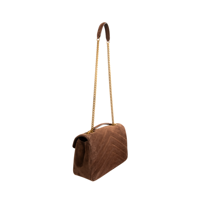 Image 3 of 4 - BROWN - SAINT LAURENT Loulou Medium Bag featuring chain bag in suede with iconic chevron-quilted topstitching, a removable leather pouch and pocket mirror, a sliding chain strap, cotton lining, bronze-tone hardware, magnetic snap closure and one flat pocket. 11.4" x 6.7" x 3.1". Calfskin. Made in Italy.