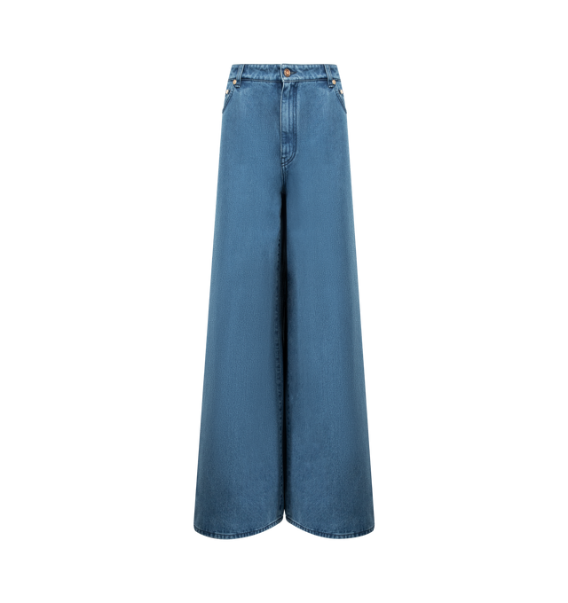 Image 1 of 3 - BLUE - GABRIELA HEARST Brenn Wide-leg Jean featuring high waist, distressed detail, button fly and closure, belt loops, full length, wide legs and dual pockets. 100% recycled cotton. Made in Italy.