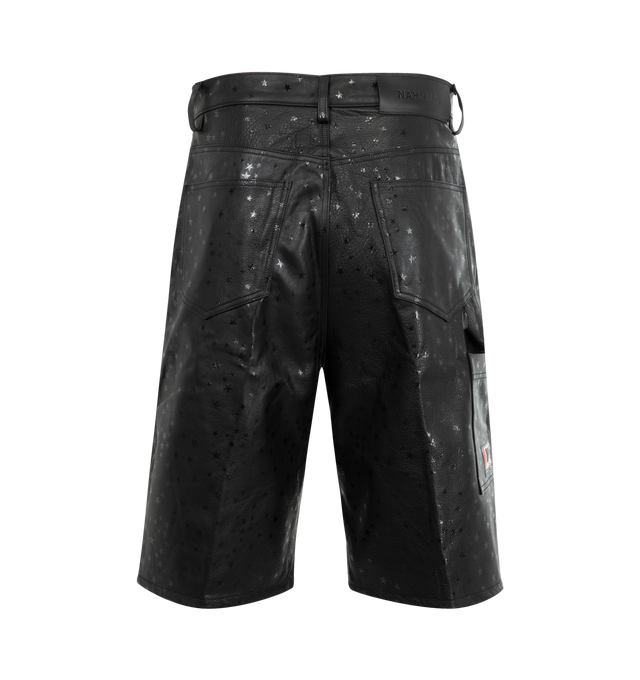 Image 2 of 3 - BLACK - NAHMIAS Leather Star Baggy Carpenter Shorts featuring button closure, hammer loop on back, carpenter pocket on back, logo patch on back and stars motifs all over leather. 100% leather.