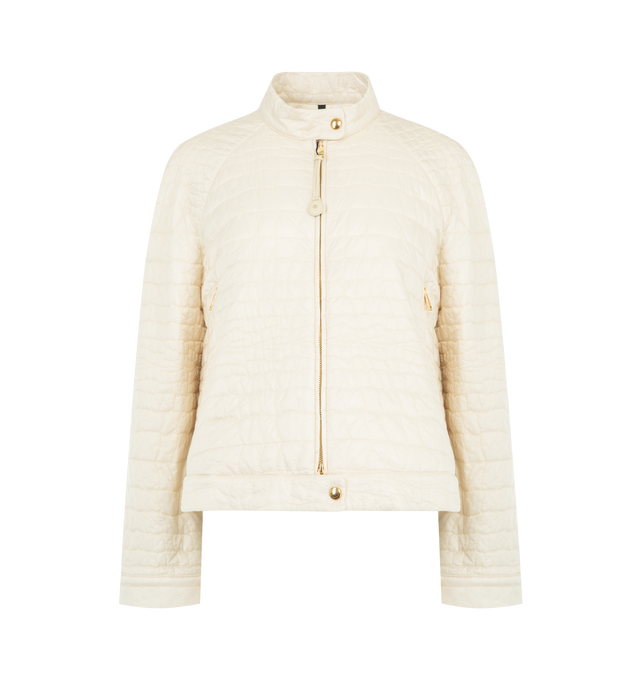 Image 1 of 3 - WHITE - MONCLER Aubrieta Geometric-Quilted Short Down Jacket featuring water-repellent main fabric, longue saison lining, down-filled, zipper and snap button closure, zipped pockets and leather logo patch. 100% polyamide/nylon. Padding: 90% down, 10% feather.