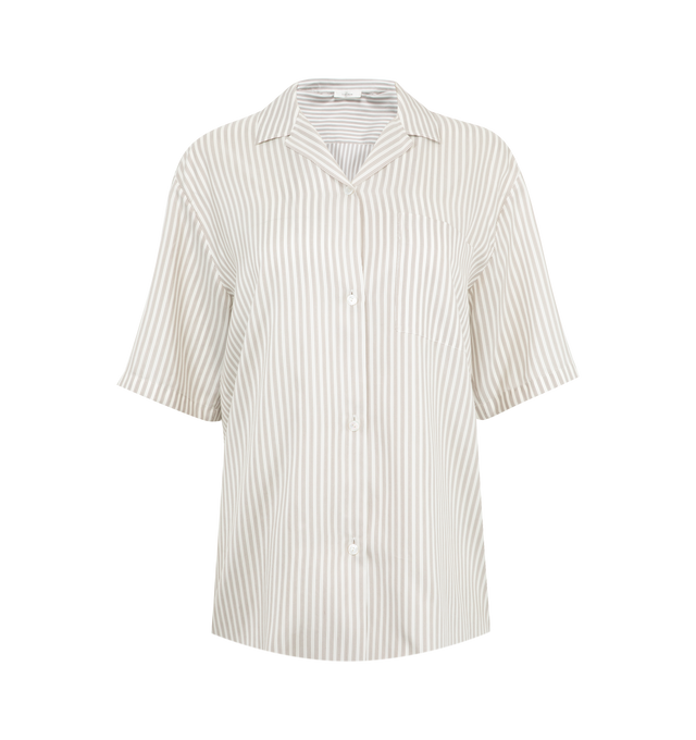 Image 1 of 2 - WHITE - THE ROW Jorge Shirt featuring short-sleeved button-up shirt in fluid striped silk with front patch pocket, exposed front button placket, and relaxed fit. 100% silk. Made in Italy.