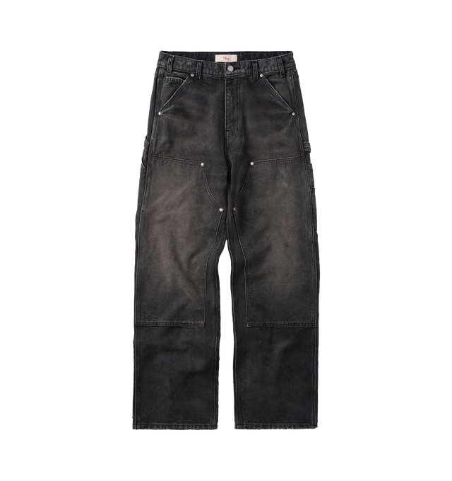 Image 1 of 6 - BLACK - Cherry LA Wide Leg Double Knee Pants are crafted from durable cotton canvas and feature a wide-leg silhouette with reinforced double-knee construction. Designed with a vintage-washed finish and distressed detailing throughout, this workwear-inspired style is finished with branded nickel hardware and a signature logo label at the back pocket. Main Material: Cotton Canvas. Fit: Wide Leg. Made in Los Angeles, California.