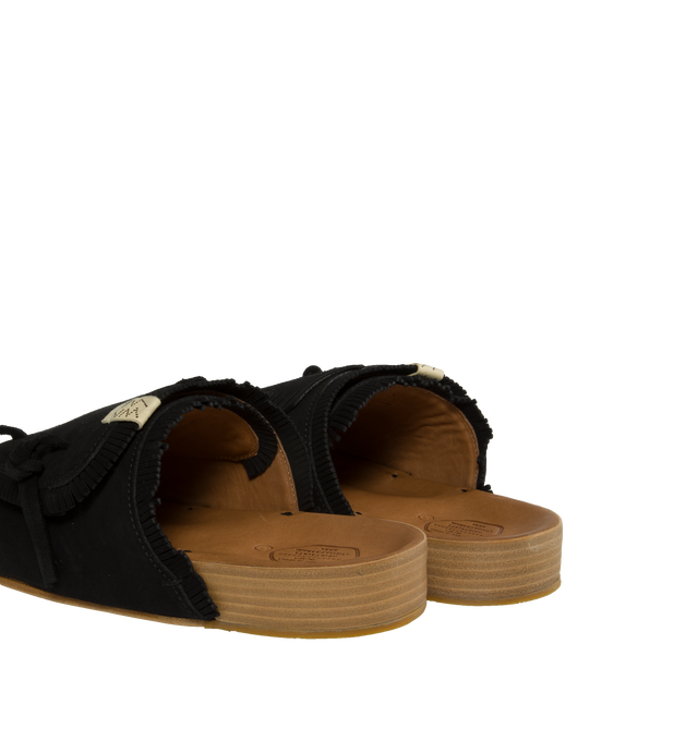 Image 3 of 4 - BLACK - VISVIM Christo Shaman-Folk Slides featuring a cork footbed, suede upper, fringed detailing and custom Vibram rubber heel.  