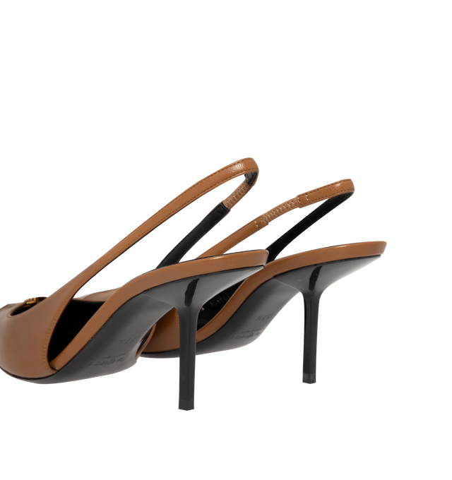 Image 3 of 4 - BROWN - Saint Laurent Womens Slingback Pumps are crafted from lambskin leather. Feature a cut-out elongated toe with signature Cassandre hardware, elasticized slingback strap, low stiletto heel, leather sole, and engraved Saint Laurent insole plaque. Main Material: Lambskin Leather; Hardware: Brass; Sole: Leather. Heel Height: 7.5 CM / 3 Inches Made in Italy.