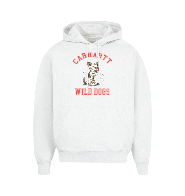 Image 1 of 2 - GREY - CARHARTT Hooded Electric Boogie Sweatshirt featuring pull-on styling, attached hood with drawstring closure, front kangaroo pocket, front printed logo, ribbed trim and loose fit. 100% cotton.