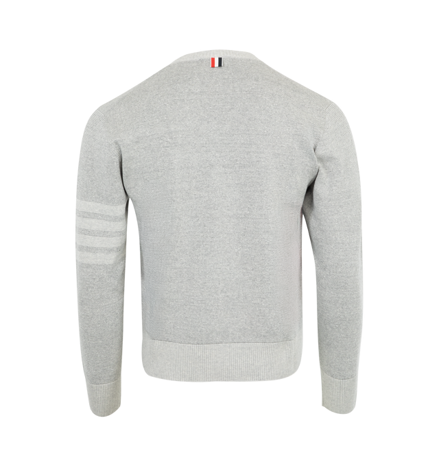 Image 2 of 2 - GREY - THOM BROWNE V-Neck Pullover featuring v neckline, tonal 4 bar on sleeve, relaxed fit, ribbed collar cuffs and hem and grosgrain loop tab. Made in Italy.