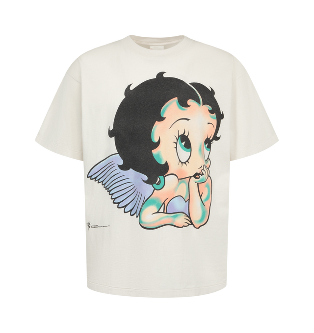 Image 1 of 2 - WHITE - Saint Michael Men's Betty Boop Angel Short-Sleeve T-Shirt is crafted from premium cotton jersey and features a graphic depiction of the iconic Betty Boop character with angel-inspired detailing. Designed with a classic short-sleeve silhouette, this designer graphic tee combines Saint Michael's vintage-influenced aesthetic with recognizable pop-culture imagery. Main Material: 100% Cotton Jersey. Sleeves: Short Sleeves. Details: Betty Boop Angel Graphic.