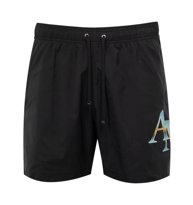 Image 1 of 3 - BLACK - AMIRI Staggered Chrome Swim Trunk featuring elastic waistband with drawstring tie closure, 3-pocket styling, side Amiri logo detail and mesh lining. 100% polyester. 