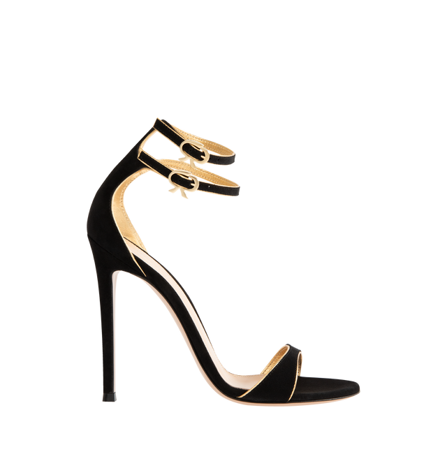 Image 1 of 4 - BLACK - GIANVITO ROSSI Victorine Nappa Silk Sandal featuring a round toe sandal with a 115mm stiletto heel, metallic-effect gold leather piping, double buckle ankle straps and leather lining. 100% suede. Heel Height: 4.5 inches / 115 mm. Made in Italy.
