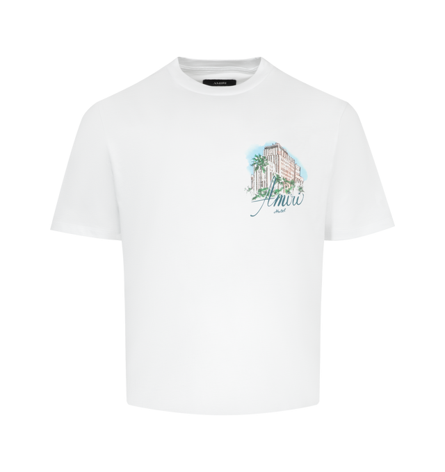 Image 1 of 2 - WHITE - AMIRI Hotel Oversized Tee featuring pull-on styling, crewneck, front and back printed design, short sleeves and heavyweight jersey fabric. 100% cotton. Made in Italy.