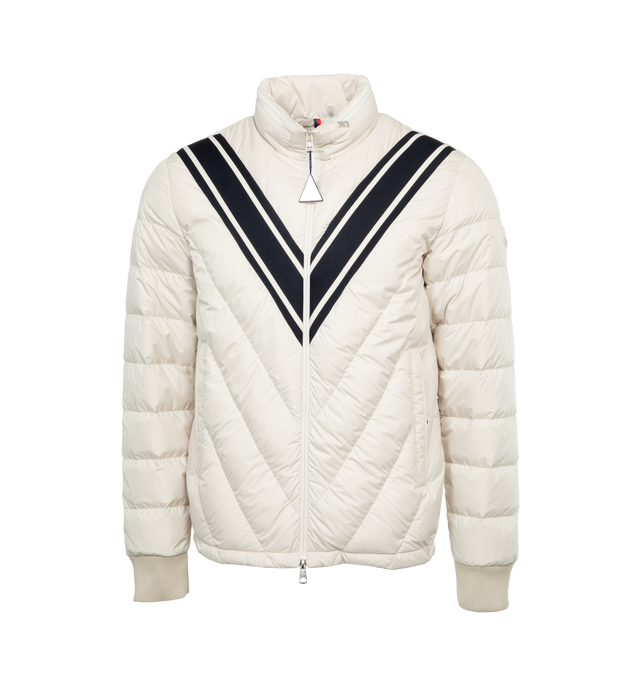 Image 1 of 4 - WHITE - MONCLER Barrot Short Jacket featuring lightweight micro chic nylon lining, down-filled, pull-out hood, zipper closure, zipped pockets and knit trim. 100% polyester.  Padding: 90% down, 10% feather. 