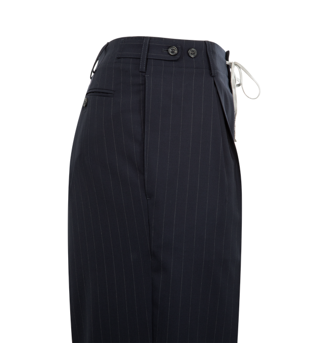 Image 3 of 3 - GREY - MAISON MARGIELA Pinstripe Wide Trousers featuring a drawstring waist with loops and buttons, two side welt pockets, one back welt pocket with button, front pleats, and Four Stitches logo on the back. 100% wool. Lining: 100% viscose. Made in Italy.
