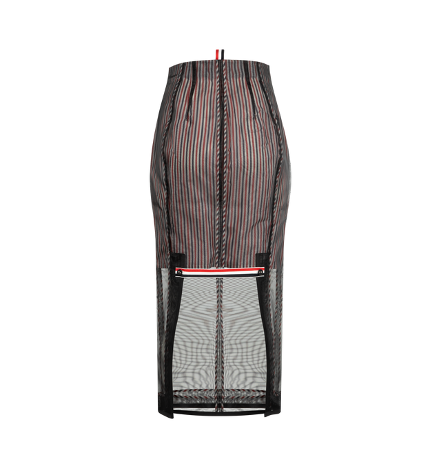 Image 2 of 2 - BLACK - THOM BROWNE Silk Organza Pencil Skirt featuring sheer fabric over tricolor striped lining, high waist, side zip closure, buttoned backstrap with signature striped grosgrain trim, visible tricolor stripe lining and signature striped grosgrain loop tab. 100% silk. 100% polyamide. Lining: 100% cupro. Made in Italy.