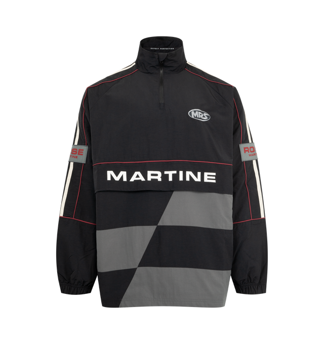 Image 1 of 3 - BLACK - MARTINE ROSE Hockey Pullover featuring a funnel neck, adjustable zip fastening, red sports piping, embroidered branding at chest and seasonal logo at back, elasticated cuffs, draw corded hem, loose fit and stand-up collar. 100% polyamide.