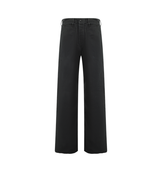 Image 1 of 3 - BLACK - FULLCOUNT USN Herringbone Seamen's Trousers VE featuring ozone fading and painted stains, belt loops at waist, 4 pocket style and relaxed fit. 100% cotton. Made in Japan.