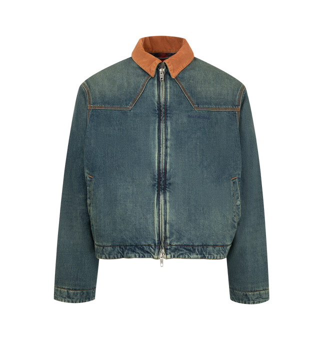 Image 1 of 3 - BLUE - Balenciaga Men's Workwear Jacket is crafted from a dirty vintage blue denim and features a brown cotton corduroy collar, dropped shoulders, and a double-ended zip closure. Designed with two front slash pockets, a straight hem, and a grey Balenciaga logo leather patch at the interior. Main Material: 100% Cotton. Collar: 100% Cotton Corduroy. Lining: 100% Cotton. Pocket Lining: 65% Polyester, 35% Cotton. Filling: 60% Silk, 40% Polyactide. Embroidery: 100% Polyester. Leather Detail: Cowsk