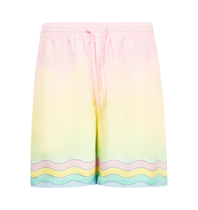 Image 1 of 3 - MULTI - CASABLANCA For The Love Of Dance Silk Shorts featuring elastic waist, front drawstring details, side pockets, back patch pocket with logo and straight hem. 100% silk. Made in Italy.