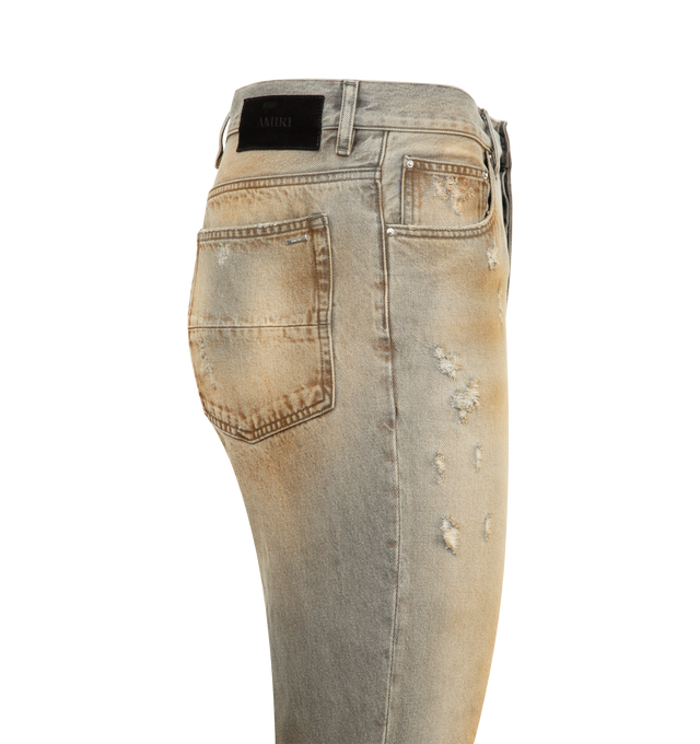 Image 3 of 3 - BROWN - AMIRI MX1 Straight Flare Jean featuring button fly closure, 5-pocket styling and midweight rigid denim with intentional distressing. 100% cotton. Made in Italy.