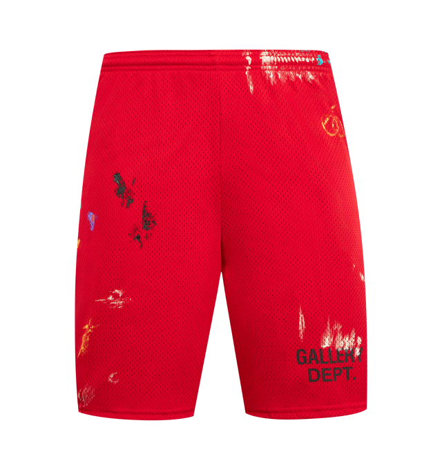 Image 1 of 3 - RED - GALLERY DEPT. Studio Gym Shorts featuring breathable mesh shorts with a logo print, elasticated waistband, paint-splatter details, an inner drawstring, and front slip pockets. Mesh.
