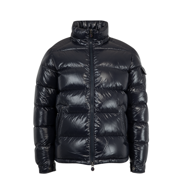 Image 1 of 4 - NAVY - MONCLER Maya Jacket featuring nylon laqu lining, down-filled with boudin quilting, detachable hood with snap buttons, adjustable with drawstring fastening, two-way zipper closure, zipped pockets, adjustable, elasticized cuffs with snap buttons, hem with drawstring fastening, flap patch pocket on sleeve and felt Moncler logo on sleeve. 100% polyamide/nylon. Padding: 90% down, 10% feather.