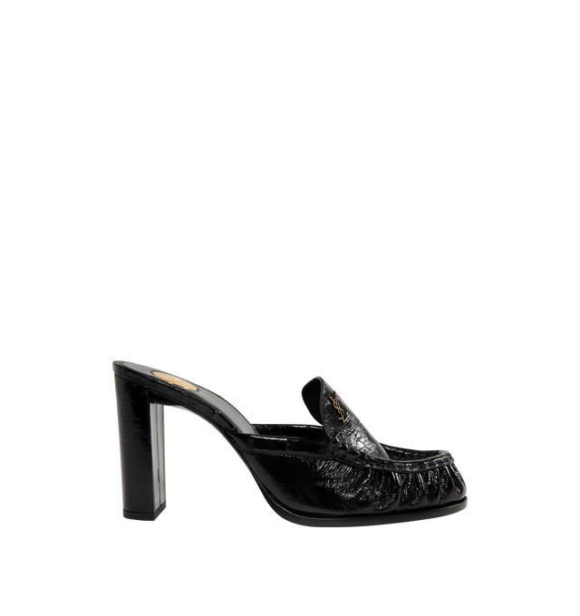 Image 1 of 4 - BLACK - SAINT LAURENT Le Loafer Mule featuring supple penny loafer mule pump, hand-stitched moc toe, covered block heel, round saint laurent-engraved metal plaque on the insole and leather sole. Heel height: 3.5 inches. Eel. Made in Italy.