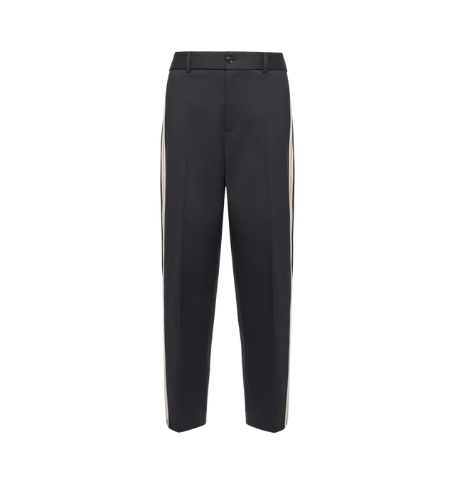 Image 1 of 1 - NAVY - Moncler Mens Cotton & Nylon Pants are crafted from a stretch cotton and nylon blend. Features an internal drawstring waistband, zip and button closure, side pockets, back welt pockets, side stripes, and logo patch. Exterior: 50% Cotton, 46% Polyamide/Nylon, 4% Elastane/Spandex. Made in Romania.