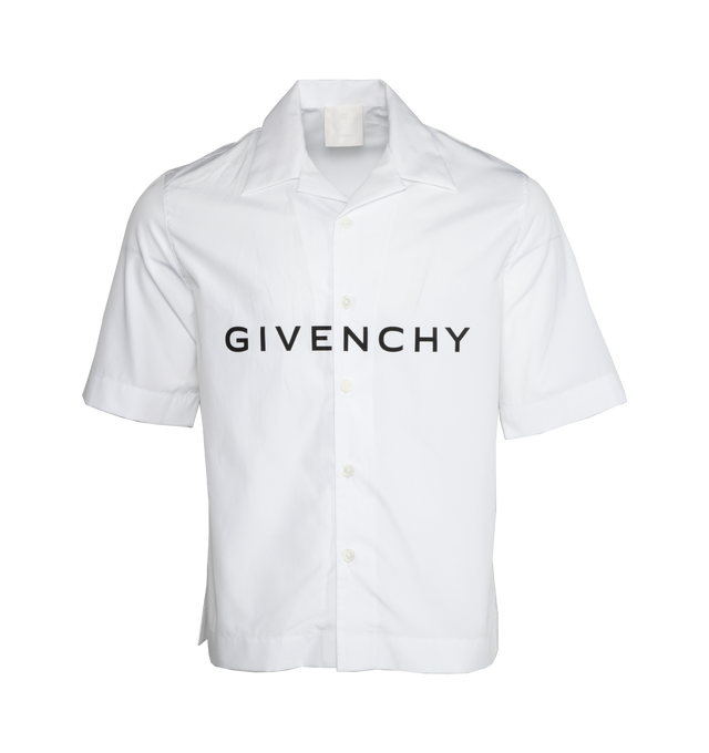 Image 1 of 3 - WHITE - GIVENCHY Hawaiian Collar Shirt has a boxy fit, button front closure, and signature logo print. 100% cotton. Made in Portugal. 