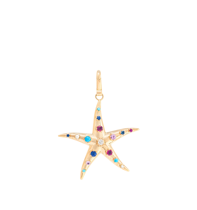 Image 2 of 2 - GOLD - JENNA BLAKE Multicolored Starfish Charm featuring 18k yellow gold, Diamond, Blue Sapphire, Pink Sapphire, Pearl Ruby and Turquoise. Small: 0.18 Carats of Diamonds. 40mm x 40mm.