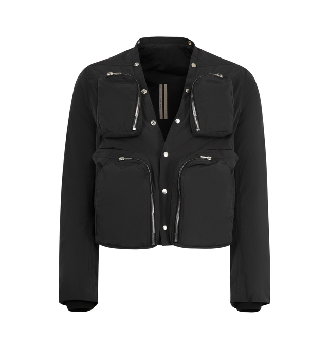 Image 1 of 3 - BLACK - RICK OWENS Cargo Jacket in wrinkled-effect technical fabric featuring multi-pocket crop style, front button closure, V-neck, long sleeves with stretch knit cuffs and unlined. 100% polyamide. Made in Italy.