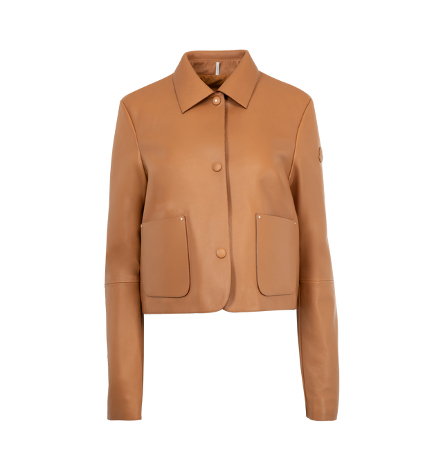 Image 1 of 3 - BROWN - Moncler Nemours Leather Jacket featuring a quilted back panel, point collar, long sleeves, tonal logo patch at left sleeve, patch pockets, classic fit, hem sits at the hip and snap-front. Polyester/leather. Fill: down/feather. Lining: polyester.
