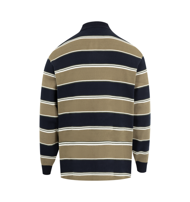 Image 2 of 2 - MULTI - CARHARTT Malone Stripe Rugby Shirt featuring loose fit, yarn dyed, flatknit collar, placket with buttons, ribbing at cuffs and script embroidery. 100% cotton.