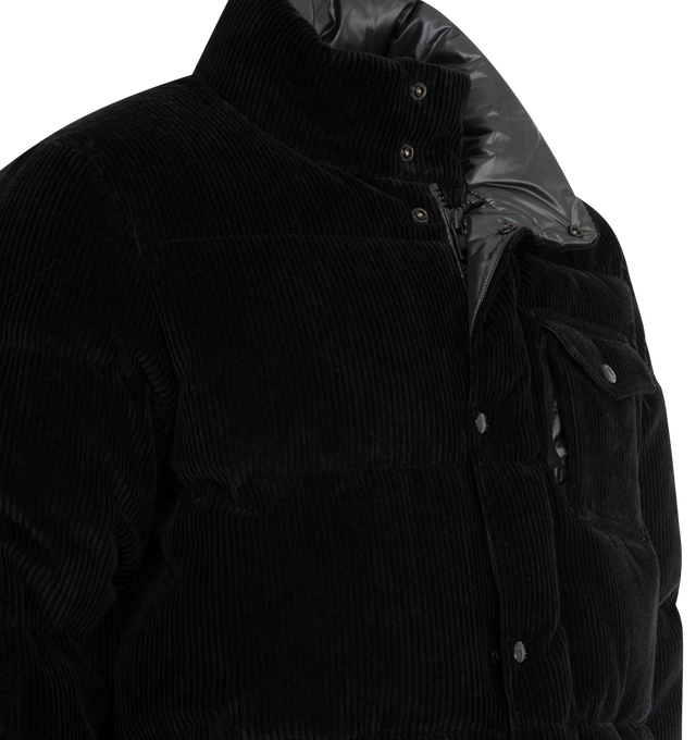 Image 3 of 4 - BLACK - MONCLER Serrant Corduroy Short Down Jacket featuring polyester lining, down-filled, zipper and snap button closure, zipped pockets, chest pocket with zipper and snap button closure, adjustable cuffs and hem with elastic drawstring fastening. 100% cotton. Padding: 90% down, 10% feather. Made in Romania.
