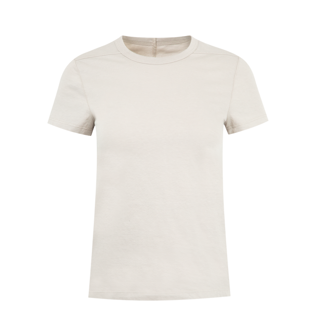 Image 1 of 2 - WHITE - RICK OWENS Cropped Level T featuring a shrunken cropped silhouette, crewneck, short sleeves and pulls over. 30% viscose, 30% nylon, 20% angora, 20% wool. Made in Italy.