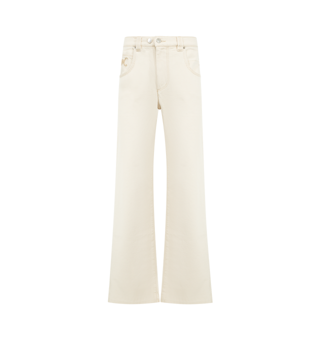 Image 1 of 3 - WHITE - ISABEL MARANT Jeyda Pants featuring 5-pocket topstitched organic cotton denim jeans with rivets, fitted waistband with loops, two engraved metal buttons and a hidden zipper, contrasting "IM" embroidery inside the right pocket, medium-rise waist and straight legs. 100% cotton.