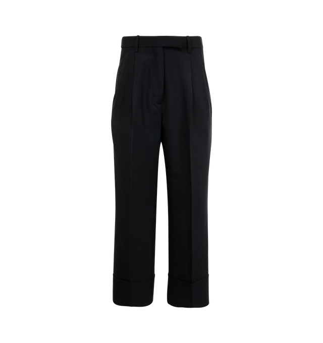 Image 1 of 3 - BLACK - THOM BROWNE School Uniform Plain Weave Trouser featuring double pleat, shortened hem, roomy wide fit, tab front closure, button-fastening back welt pockets, adjustable buttoned backstrap and signature striped grosgrain loop tab. 50% wool, 50% polyester. Lining: 100% cupro. Made in Italy.