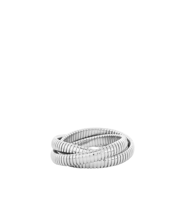 Image 1 of 1 - SILVER - SIDNEY GARBER Rolling Bracelet featuring three-strand bracelet made from a continuous piece of flexible, lightweight, 18k gold. It wraps around itself seamlessly and forms a shiny stack. 18k White Gold. Each Band 9mm Width. Hirshleifers offers a range of initial pieces from this collection in-store. For personal consultation and detailed information about jewelry, please contact our dedicated stylist team at personalshopping@hirshleifers.com. This item may be restricted for online pu