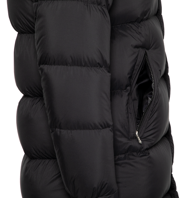 Image 4 of 4 - BLACK - MONCLER Hanoverian Long Down Jacket featuring longue saison lining, down-filled, detachable hood, zipper and snap button closure, zipped pockets, patch pocket on the sleeve, adjustable cuffs and hem with drawstring fastening. 100% polyamide/nylon. Padding: 90% down, 10% feather. 