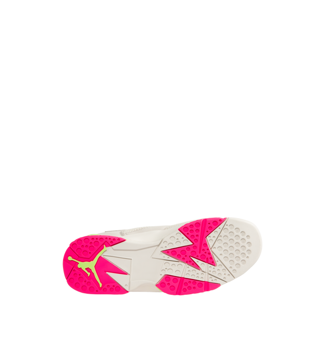 Image 4 of 5 - MULTI - Air Jordan 7 Retro "Tennis Day" Sneakers feature a Phantom upper with Lime Blast, Pink Blast, and Anthracite accents inspired by Nike's Challenge Court era. Leather, synthetic leather, suede, and breathable textiles combine throughout the mid-cut design, while a heel pull tab, foam midsole with full-length Nike Air cushioning, and grippy rubber outsole complete the construction. Upper: Leather, Synthetic Leather, Suede, and Textile. Midsole: Foam. Sole: Rubber. Made in mens sizing.