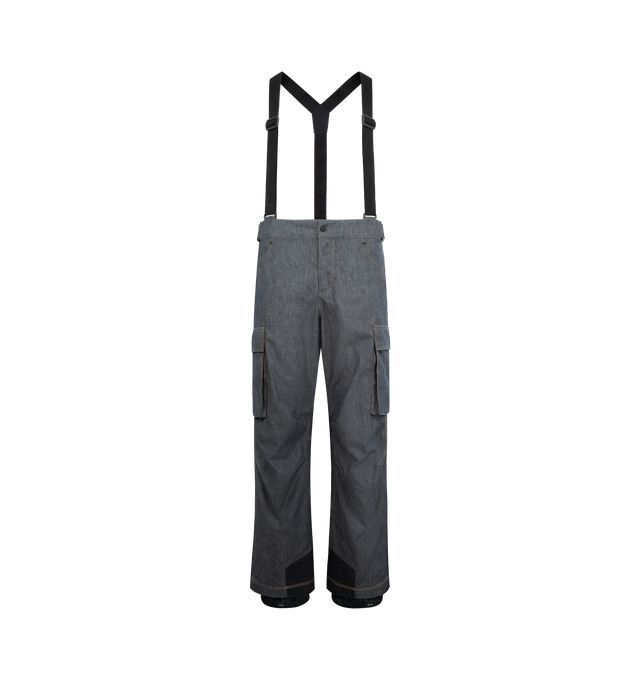 Image 1 of 4 - GREY - MONCLER GRENOBLE Padded Denim Ski Bib featuring 2L technical denim, stretch technical polyester lining, padded, heat-sealed seams, suspenders, YKK AquaGuard Highly Water Resistant zipper and snap button closure, pockets with YKK AquaGuard Highly Water Resistant zipper and hook-and-loop closure, back pockets with snap button closure, ankle gaiters, ski cut protection and synthetic material logo patch. 100% cotton. Lining: 89% polyester, 11% elastane/spandex. Lining: 100% polyamide/nylon