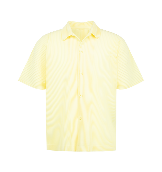 Image 1 of 2 - YELLOW - Issey Miyake Men's August Pleated Shirt is crafted from lightweight polyester and features the house's signature pleated construction throughout. Designed with a classic polo collar, short sleeves, and a button-down front, this designer shirt combines a refined polo-inspired silhouette with Issey Miyake's innovative approach to texture and textile design. Main Material: 100% Polyester.