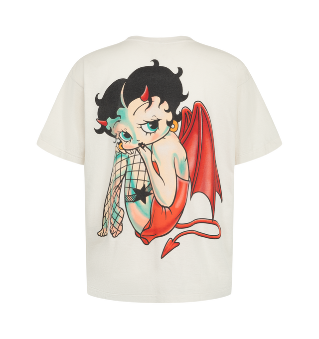 Image 2 of 2 - WHITE - Saint Michael Men's Betty Boop Devil Short-Sleeve T-Shirt is crafted from premium cotton jersey and features a graphic depiction of the iconic Betty Boop character with devil-inspired detailing. Designed with a classic short-sleeve silhouette, this designer graphic tee combines Saint Michael's vintage-influenced aesthetic with recognizable pop-culture imagery. Main Material: 100% Cotton Jersey. Sleeves: Short Sleeves. Details: Betty Boop Devil Graphic.