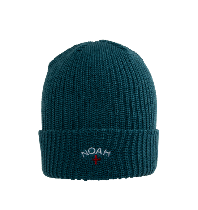 Image 1 of 2 - GREEN - NOAH Core Logo Rib Beanie featuring a foldover cuff detailed with logo embroidery. 100% acrylic. Made in Canada. 