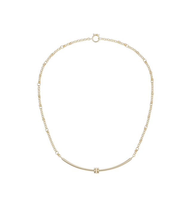 Image 1 of 1 - GOLD - SPINELLI KILCOLLIN Gravity Arc Necklace featuring 18k yellow gold with a central bar with three unfixed annulets, a safety circle clasp and multi-gauged chain design allows the necklace to be worn comfortably at adjustable lengths. Chain: 18k yellow gold. Length: 16 inches total, 14 inches adjustable. Bar: 18k yellow gold. Annulets: 18k yellow gold. Central pav-set annulet. Stones: White diamonds (approx. 0.09 cttw). Safety Clasp: 18k yellow gold.