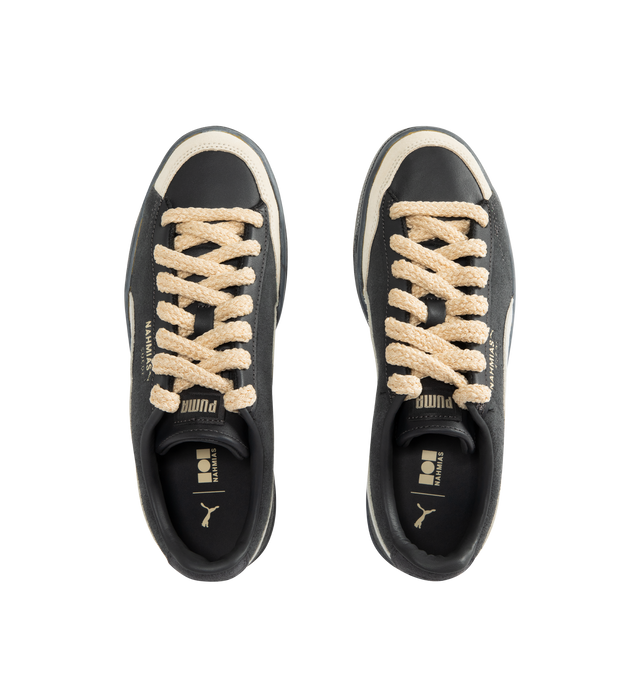 Image 5 of 5 - GREY - PUMA x NAHMIAS Suede Vintage Sneakers featuring a distressed leather formstrip and trim, crochet laces, PUMA x Nahmias friendship lace beads, a Lets Be Friends" interior graphic and rounded toe.