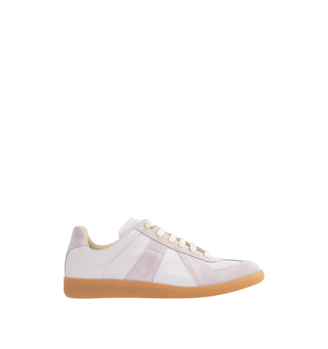 Image 1 of 5 - WHITE - MAISON MARGIELA Replica Sneakers featuring lace-up sneakers in buffed nappa calfskin and calfskin suede, contrasting sole, Maison Margiela logo label on the tab, internal Replica label, internal elastic and all-over Maison Margiela logo insole. 100% calf leather. Sole: 100% rubber. Made in Italy.