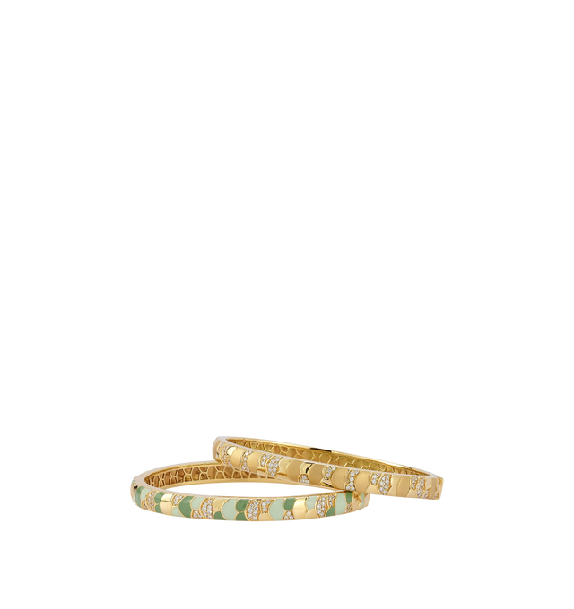 Image 2 of 2 - GOLD - This exquisite 18k gold cuff adorned with a stunning scale motif. The intricate design features a mix of textures, with some scales in matte finish, some in high polish, and other adorned with shimmering diamonds. Hirshleifers offers a range of pieces from this collection in-store. For personal consultation and detailed information about jewelry, please contact our dedicated stylist team at personalshopping@hirshleifers.com.