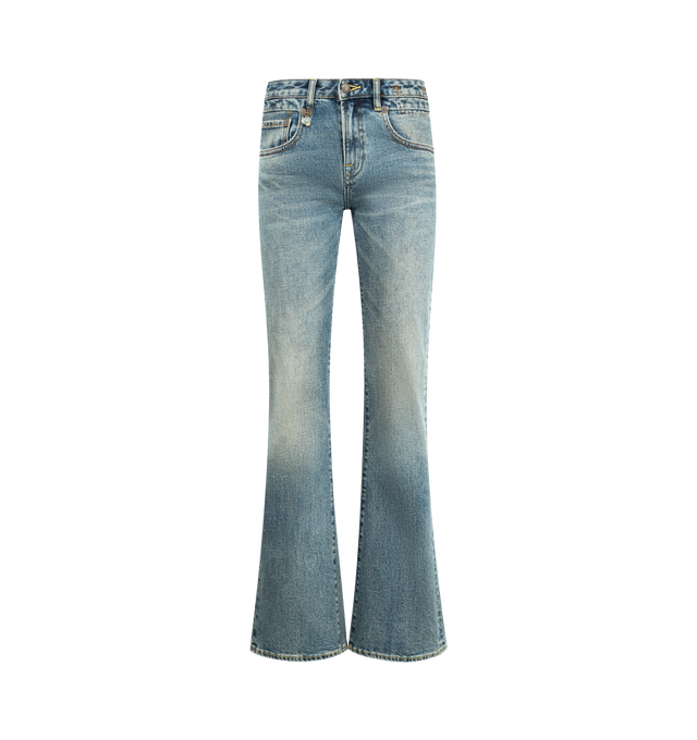 Image 1 of 3 - BLUE - R13 Boy Flare Jeans featuring stretch denim, fading, whiskering, and distressing throughout, flared leg, belt loops, five-pocket styling, zip fly, leather logo patch at back waistband, logo-engraved antiqued copper-tone hardware and contrast stitching in yellow. 98% cotton, 2% elastane. Made in Italy.